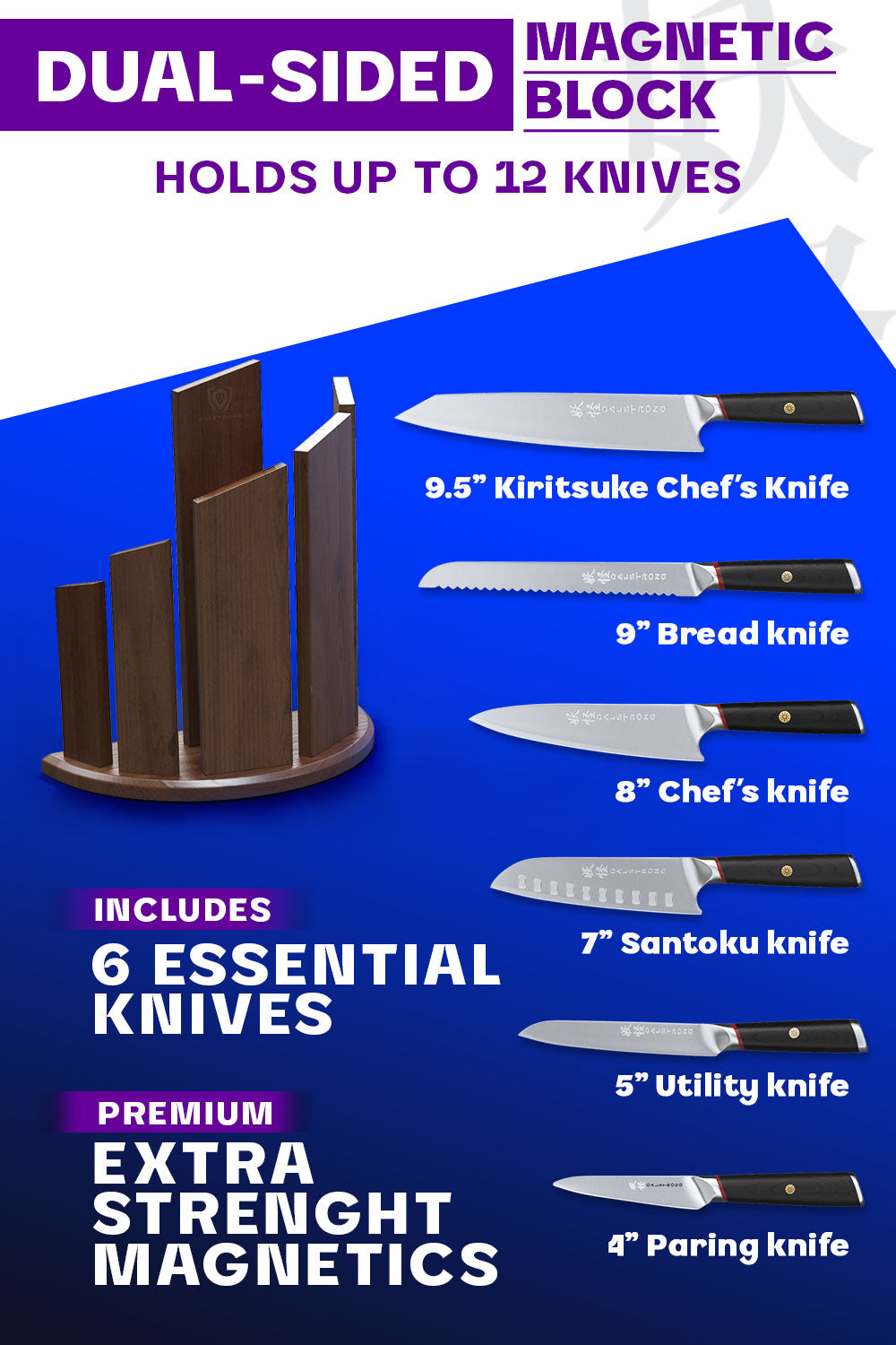 Dalstrong phantom series 6 piece knife set with dragon spire block specification.