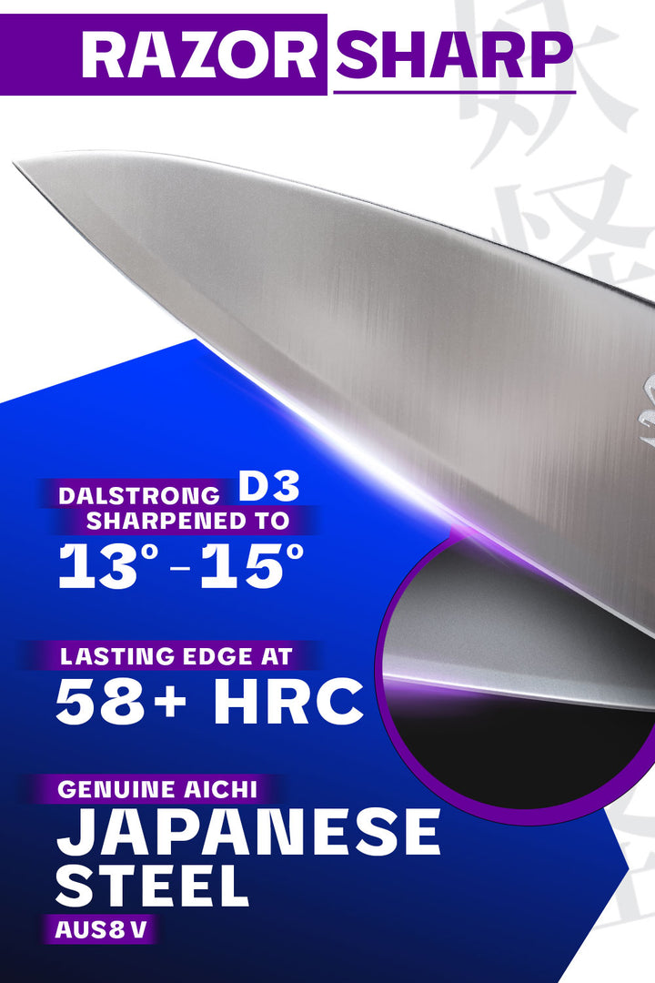 Dalstrong phantom series 6 piece knife set showcasing it's razor sharp japanese steel blade.
