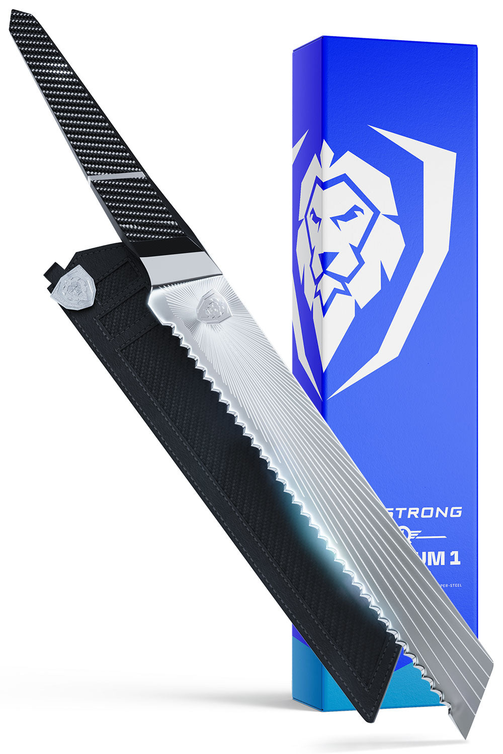 Dalstrong quantum 1 series 9 inch bread knife with dragon skin handle in front of it's premium packaging.