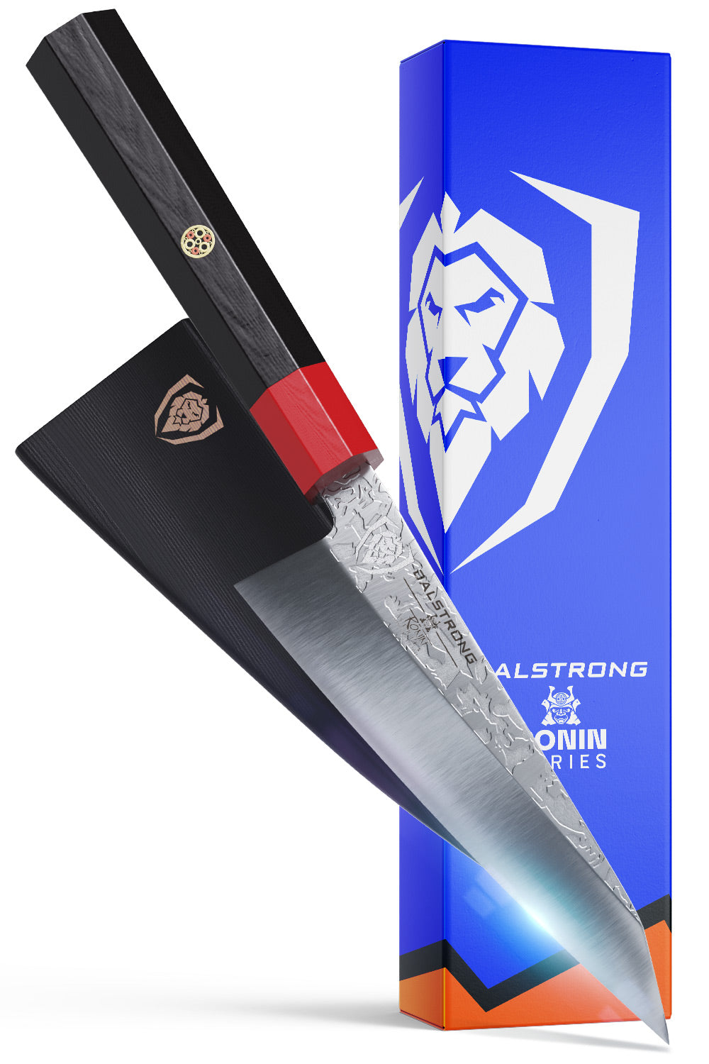 Dalstrong ronin series 5.5 inch honesuki knife with black handle in front of it's premium packaging.