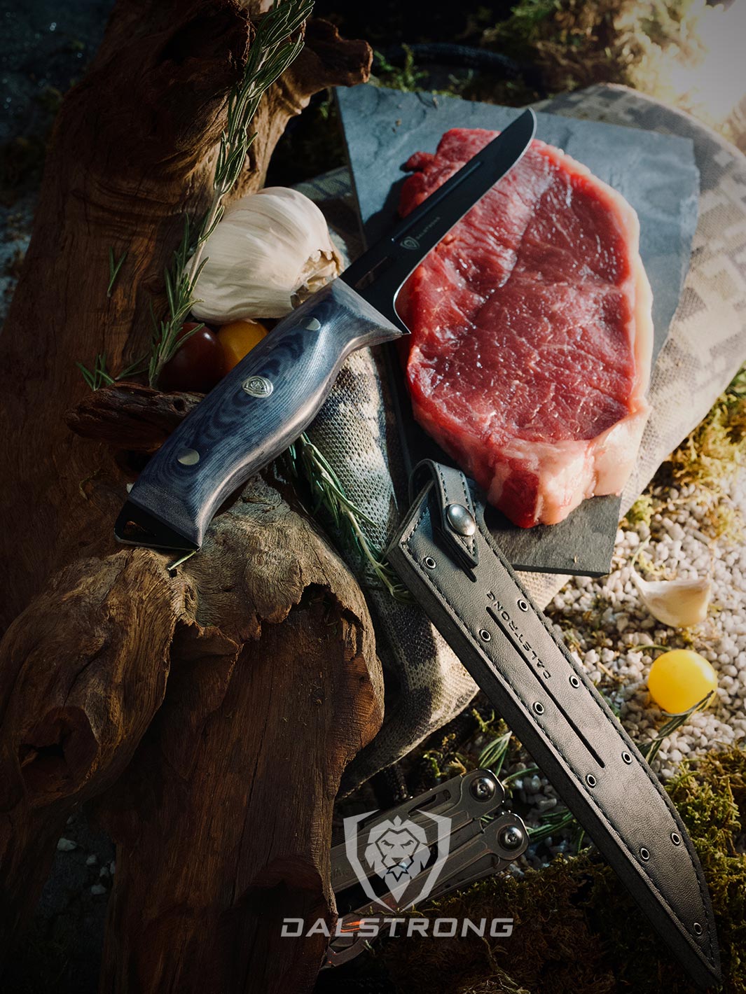 Dalstrong delta wolf series 6 inch boning knife with black sheath beside a steak.