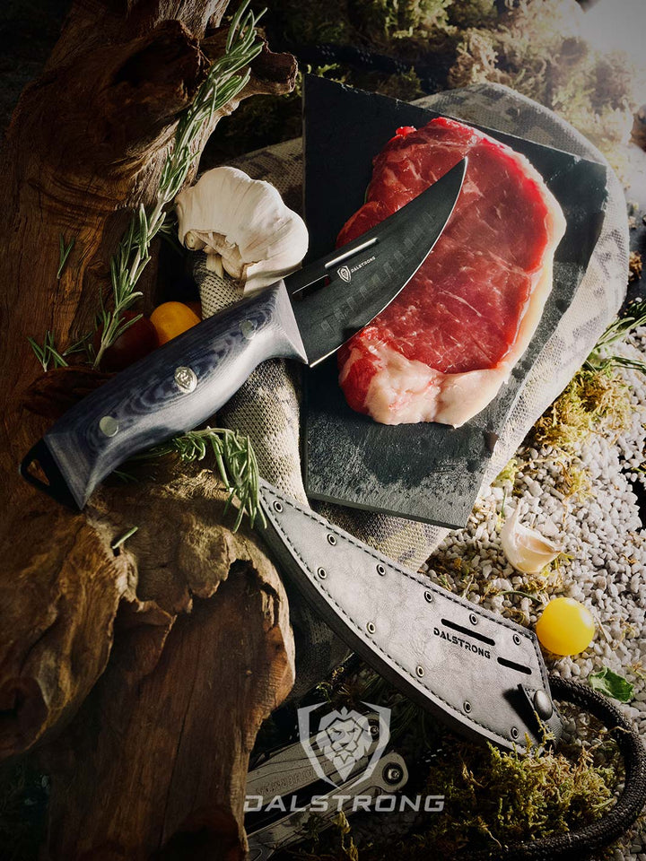 Dalstrong delta wolf series 6 inch curved fillet knife with it's sheath beside a steak.