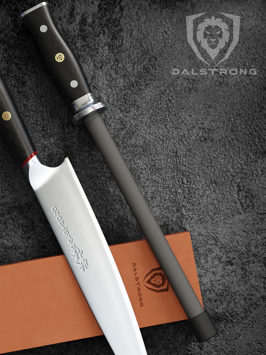 Dalstrong 10 inch honing rod with ceramic coating with a dalstrong knife beside it.