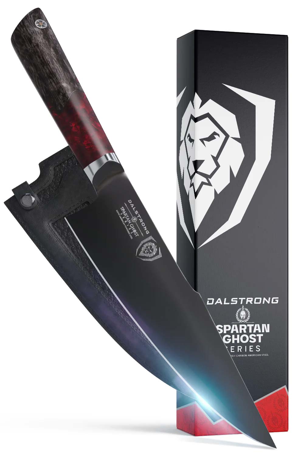 Dalstrong spartan ghost series 8 inch chef knife in front of it's premium packaging.