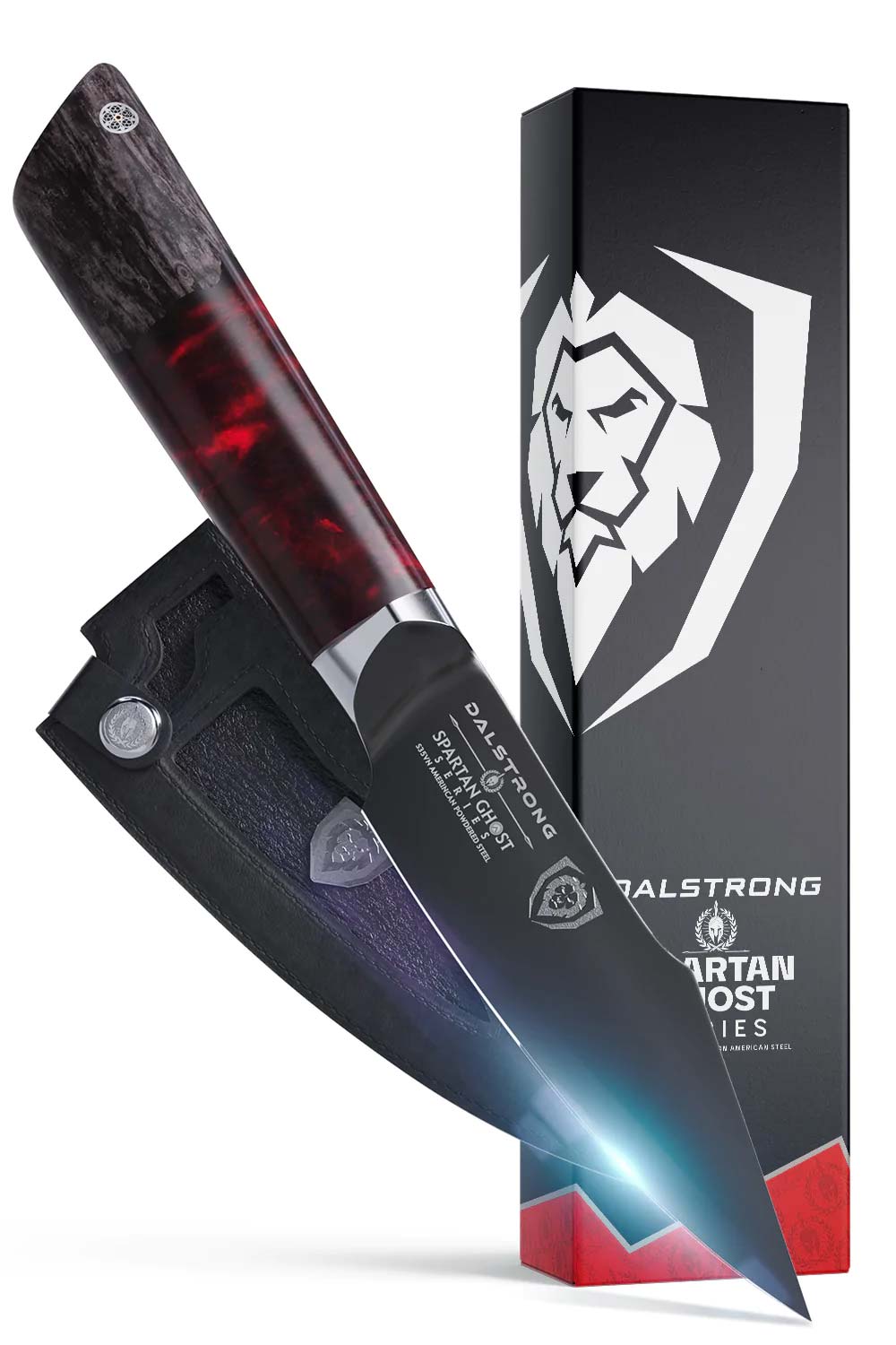 Dalstrong spartan ghost series 4 inch paring knife in front of it's premium packaging.
