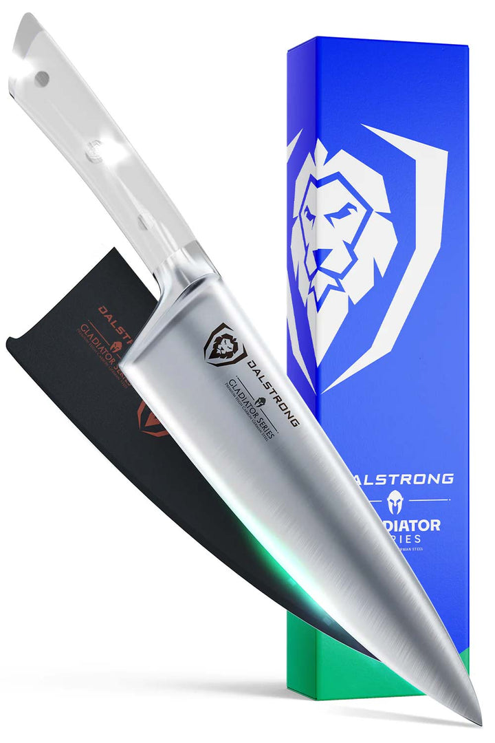 Dalstrong gladiator series 8 inch chef knife with white handle in front of it's premium packaging.