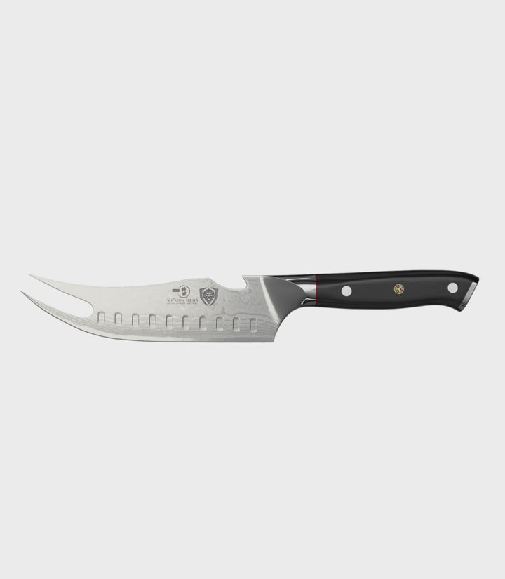Dalstrong shogun series 6.5 inch pitmaster knife with black handle in all angles.