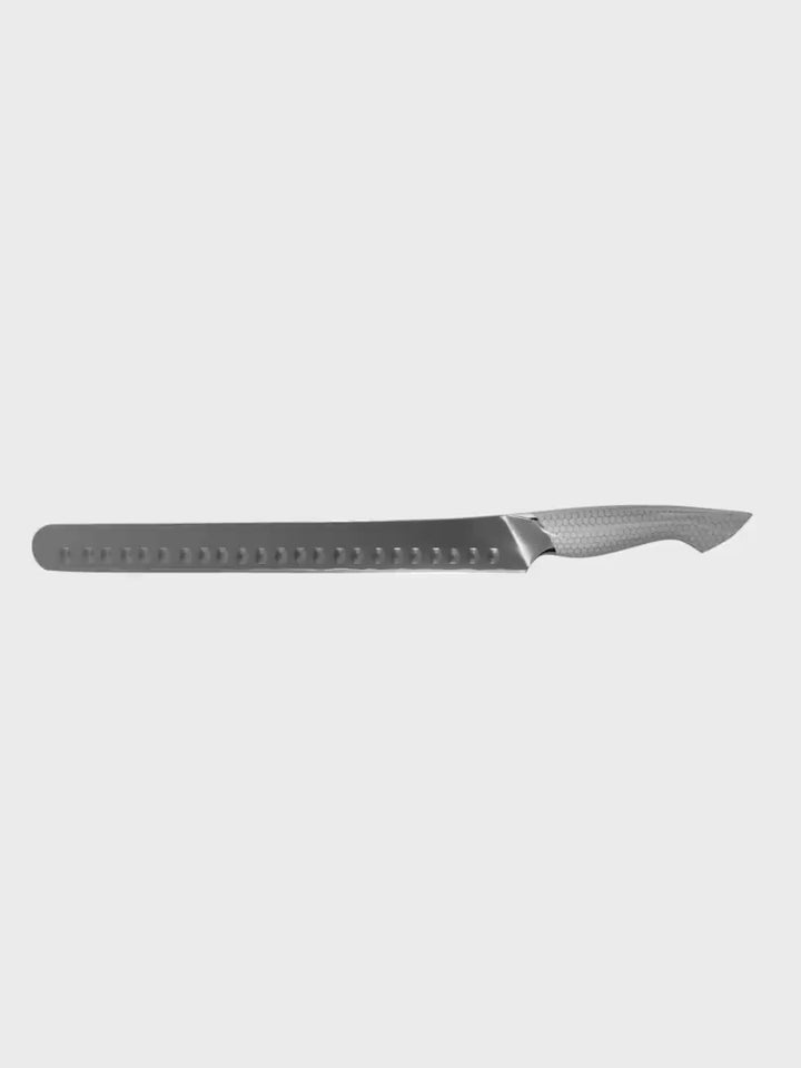 Dalstrong frost fire series 12 inch slicer knife with white honeycomb handle in all angles.