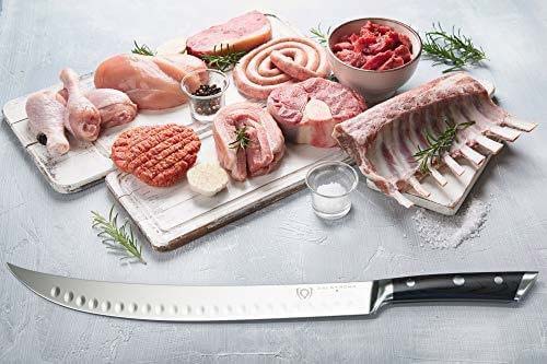 Dalstrong gladiator series 12 inch butcher knife with black handle and different cuts of meat.