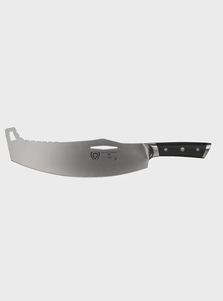 Dalstrong gladiator series 12 inch rocking cleaver knife with black handle in all angles.