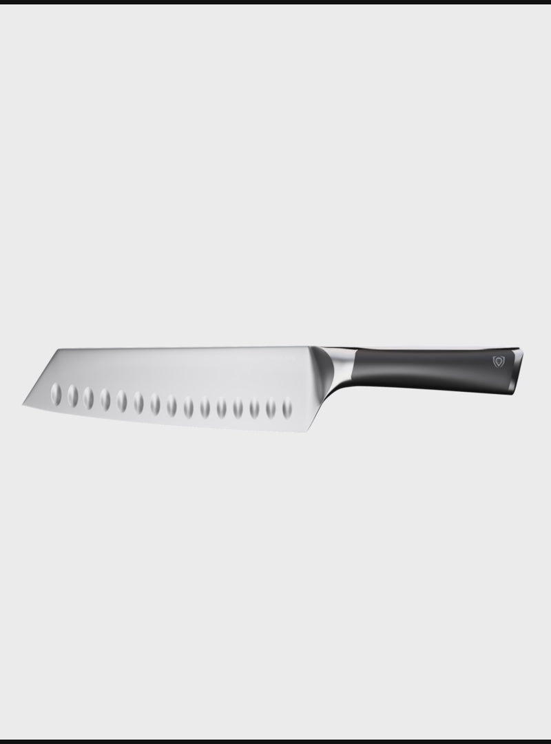 Dalstrong vanquish series 7 inch santoku knife with black handle in all angles.