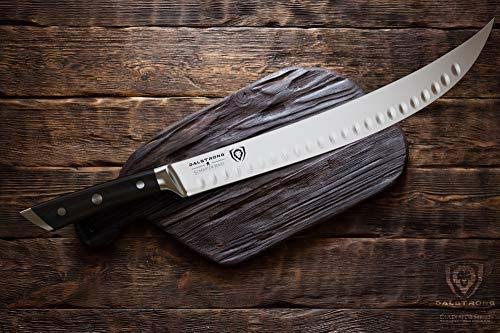 Dalstrong gladiator series 12 inch butcher knife with black handle in top of a wooden board.
