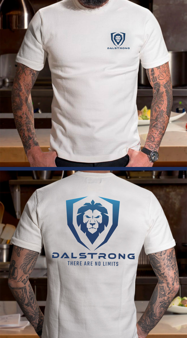 Dalstrong no limits basic logo tee white front and back preview.