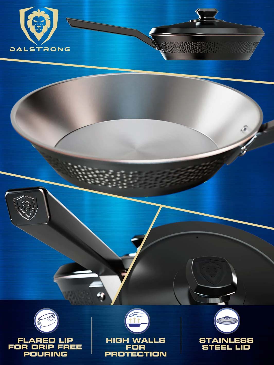 Dalstrong avalon series 10 inch frying pan and skillet hammered finish black showcasing it's high walls and stainless steel lid.