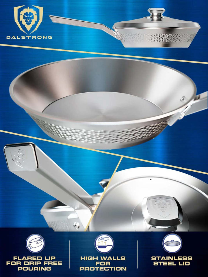 Dalstrong avalon series 10 inch frying pan hammered finish silver showcasing it's high walls and stainless steel lid.