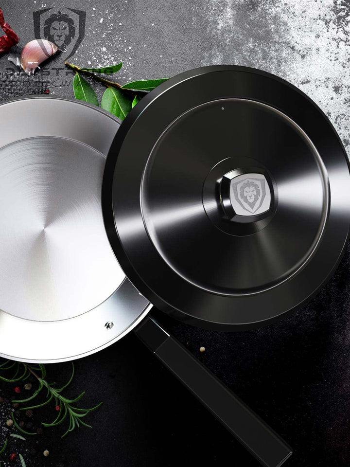 Dalstrong avalon series 10 inch frying pan and skillet hammered finish black with stainless steel lid.