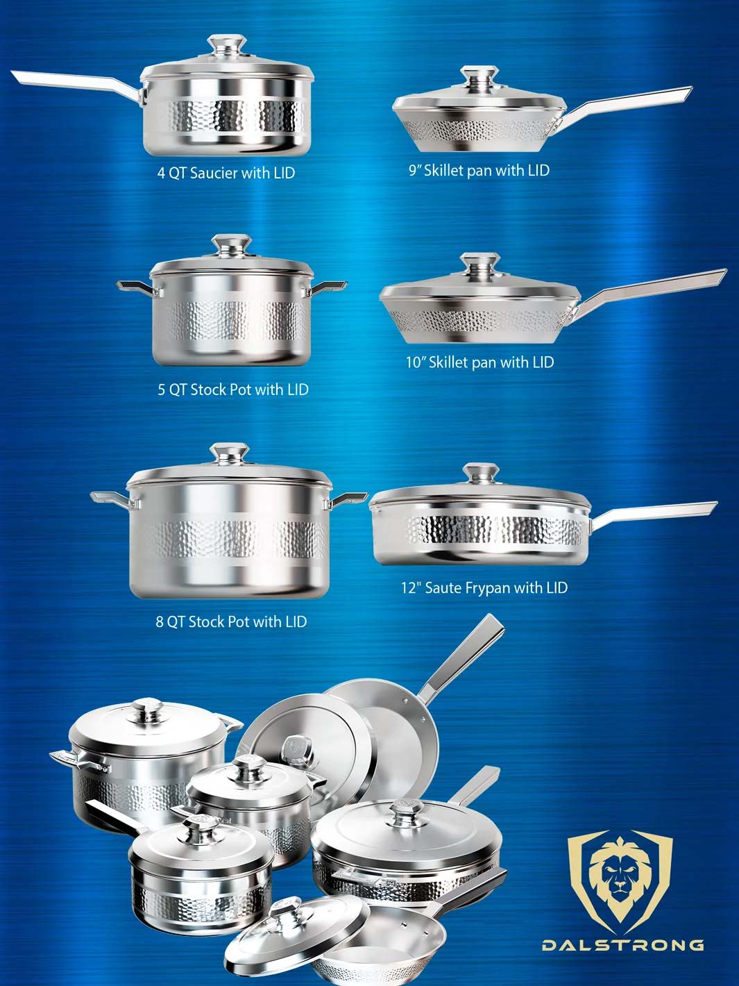 Dalstrong avalon series 12 piece cookware set silver featuring it's complete set of cookware.