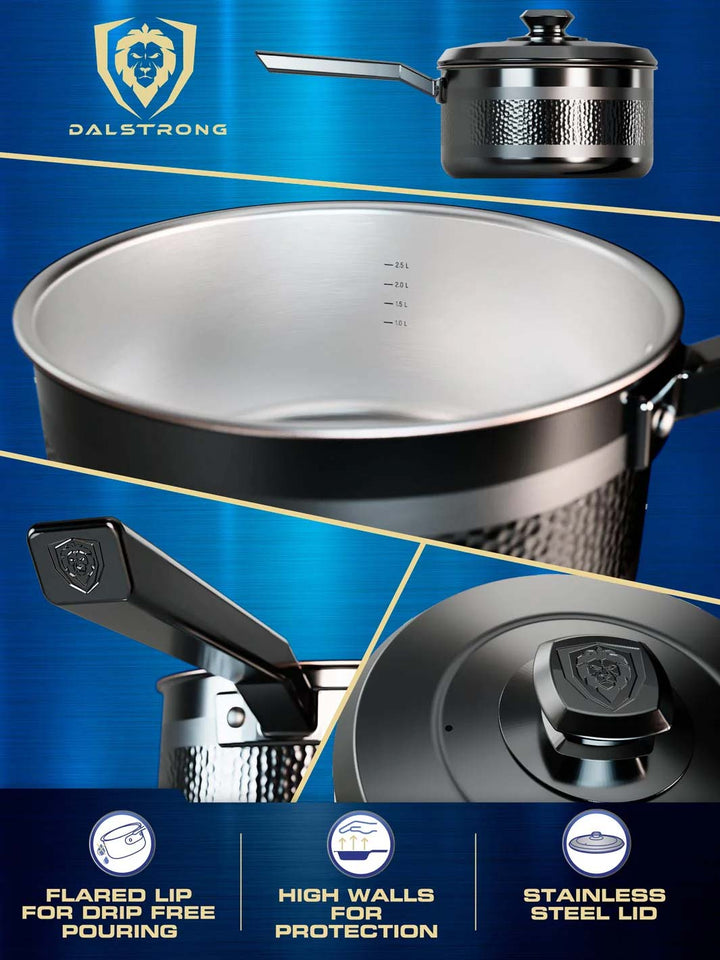 Dalstrong avalon series 3 quart stock pot hammered finish black featuring it's high walls and stainless steel lid.