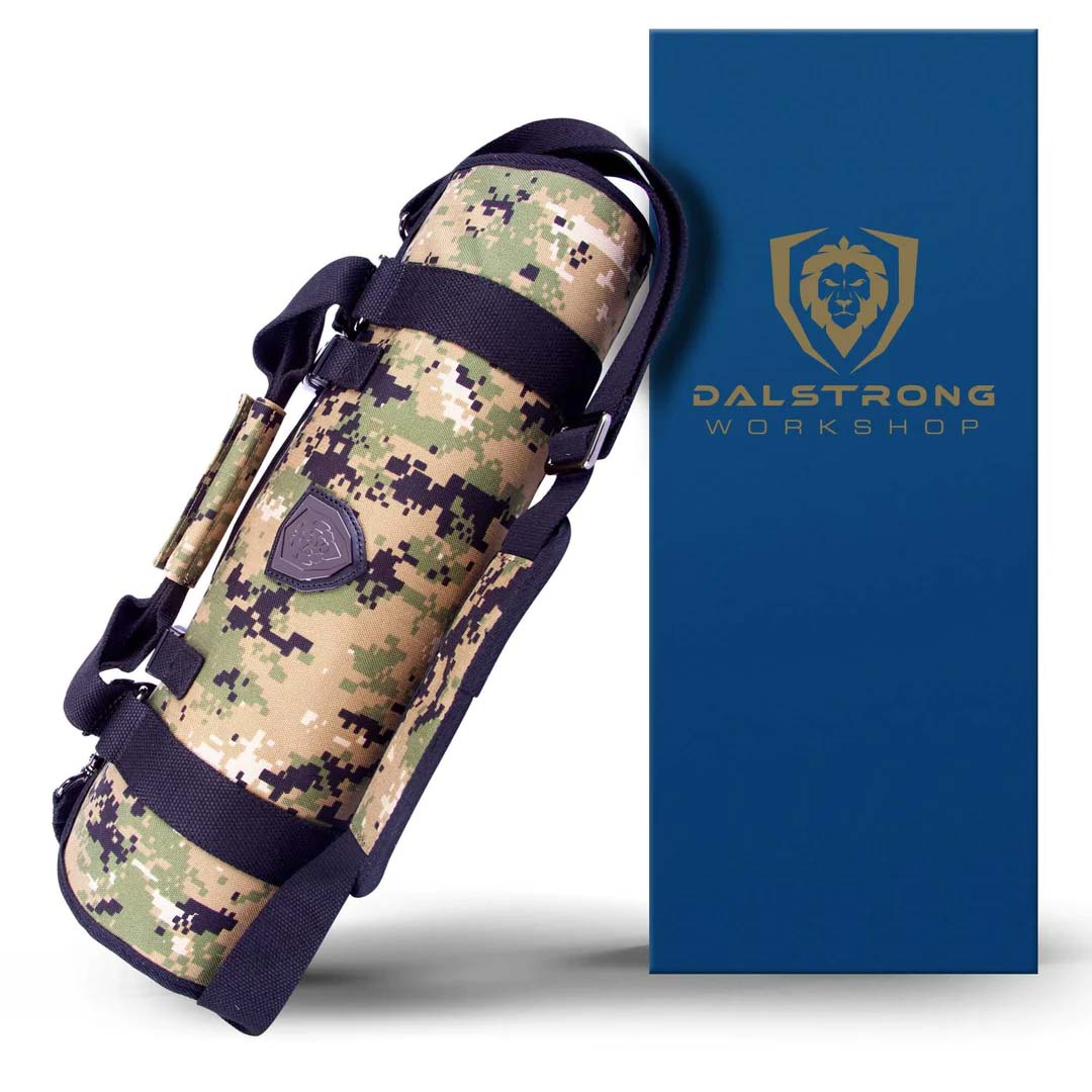 Dalstrong ballistic series camouflage premium knife roll in front of it's packaging.