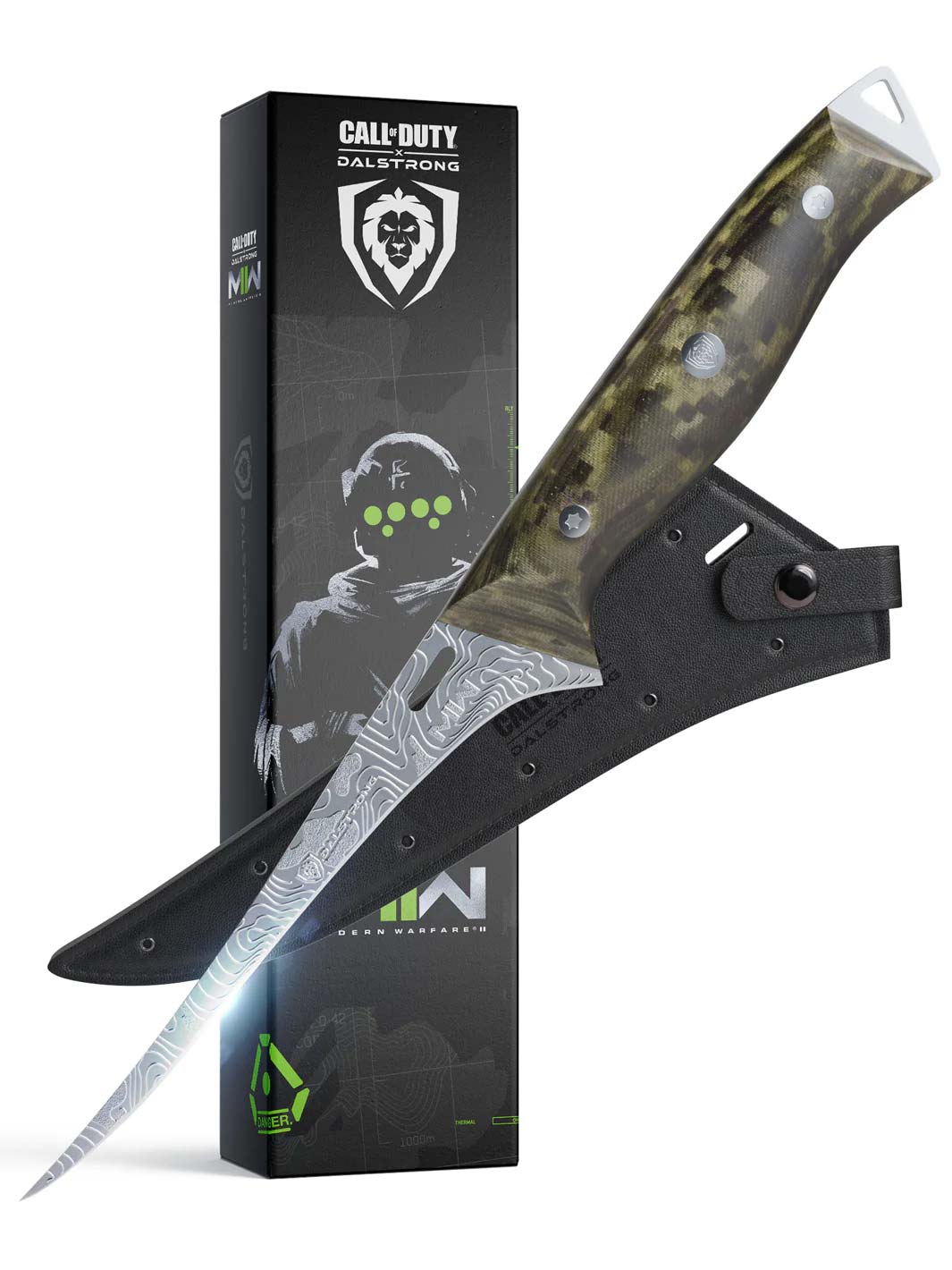Dalstrong call of duty series 6 inch fillet knife in front of it's premium packaging.