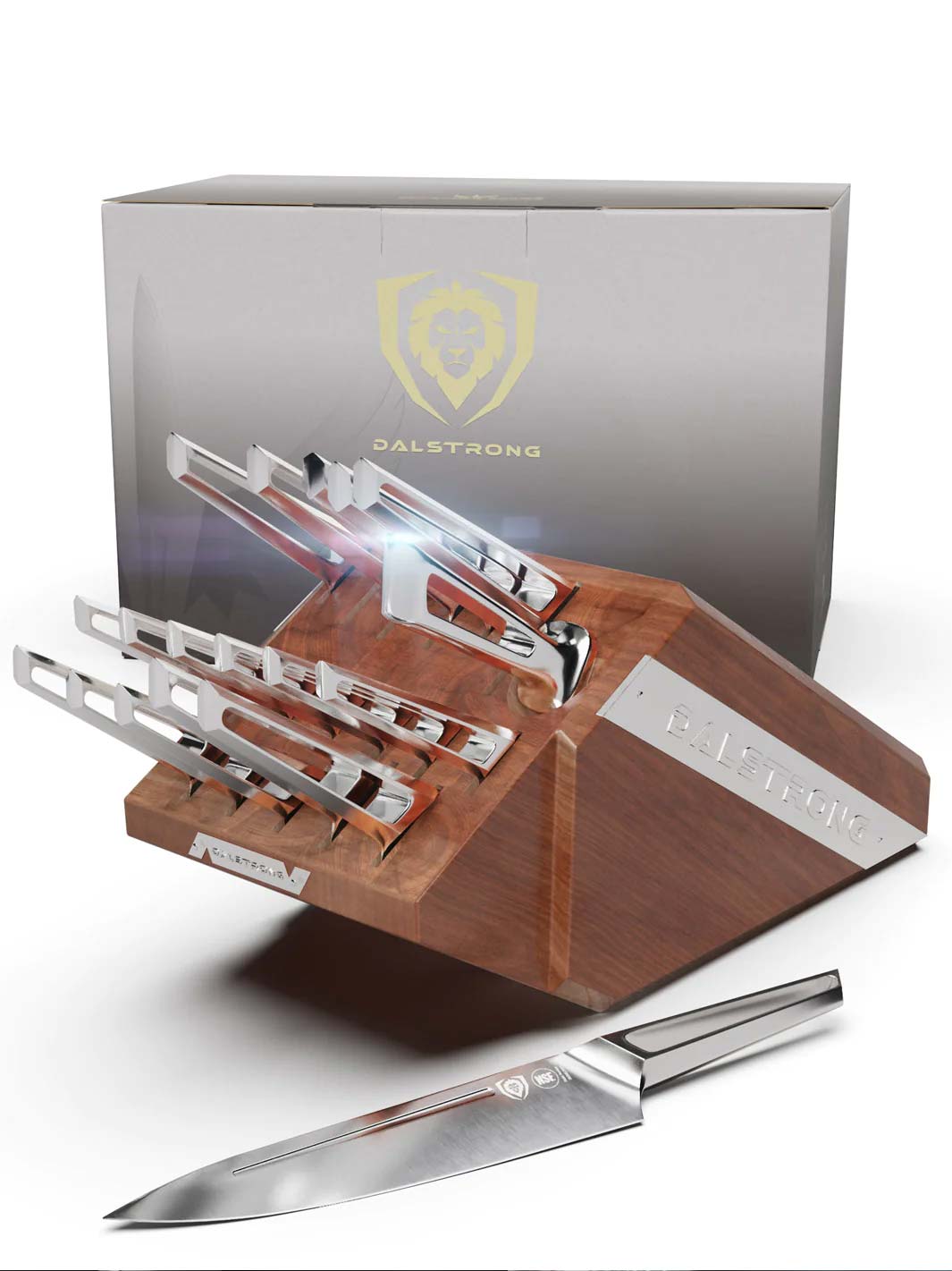 Dalstrong crusader series 18 piece knife block set in front of it's premium packaging.