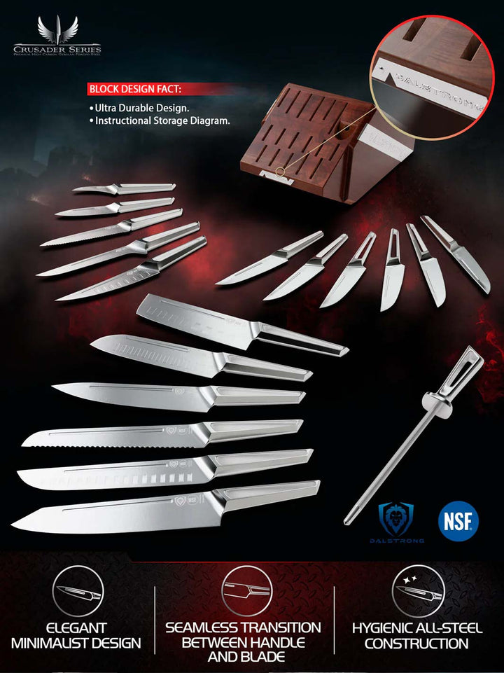 Dalstrong crusader series 18 piece knife block set with german steel handle.