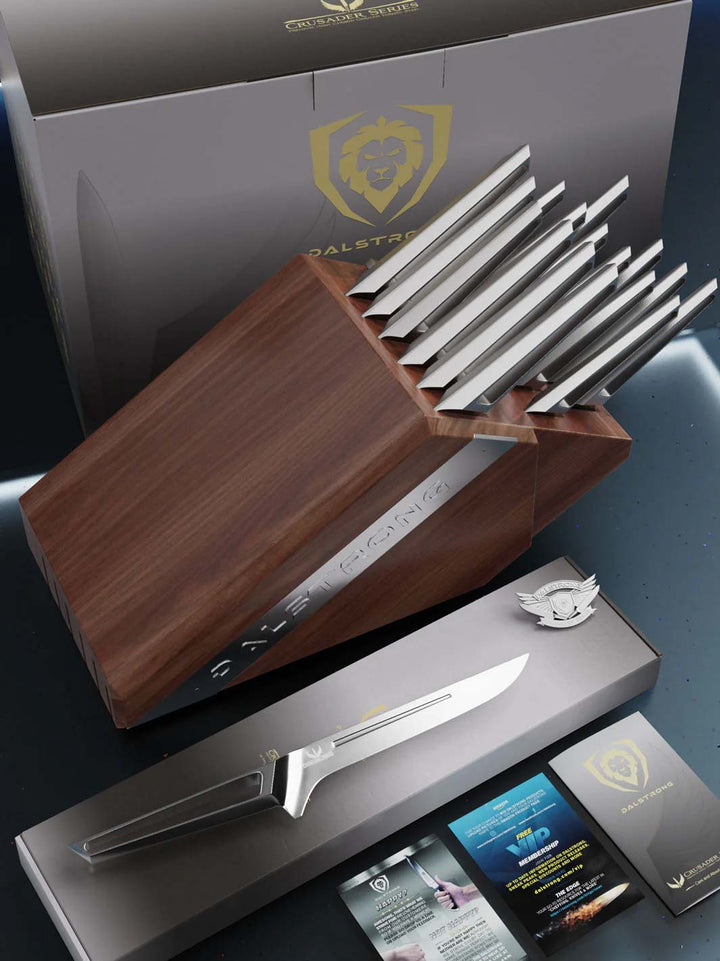 Dalstrong crusader series 18 piece knife block set with german steel handle and premium packaging at the side.
