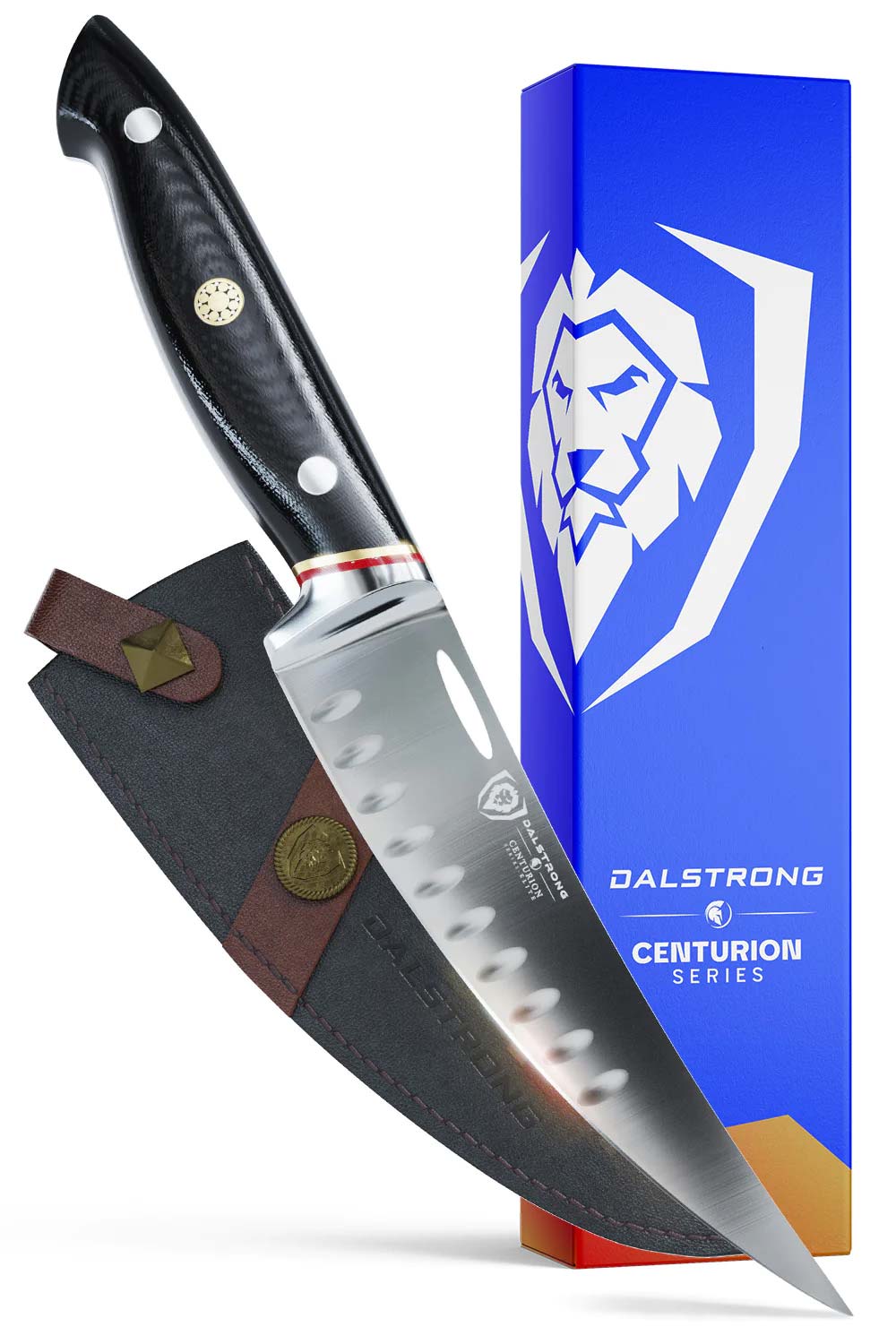 Dalstrong centurion series 6 inch curved boning knife in front of it's premium packaging.