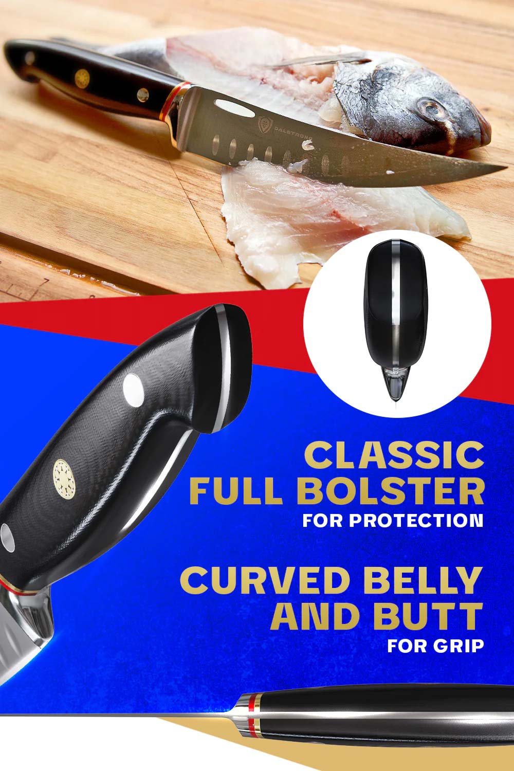 Dalstrong centurion series 6 inch curved boning knife featuring it's comfortable handle design.