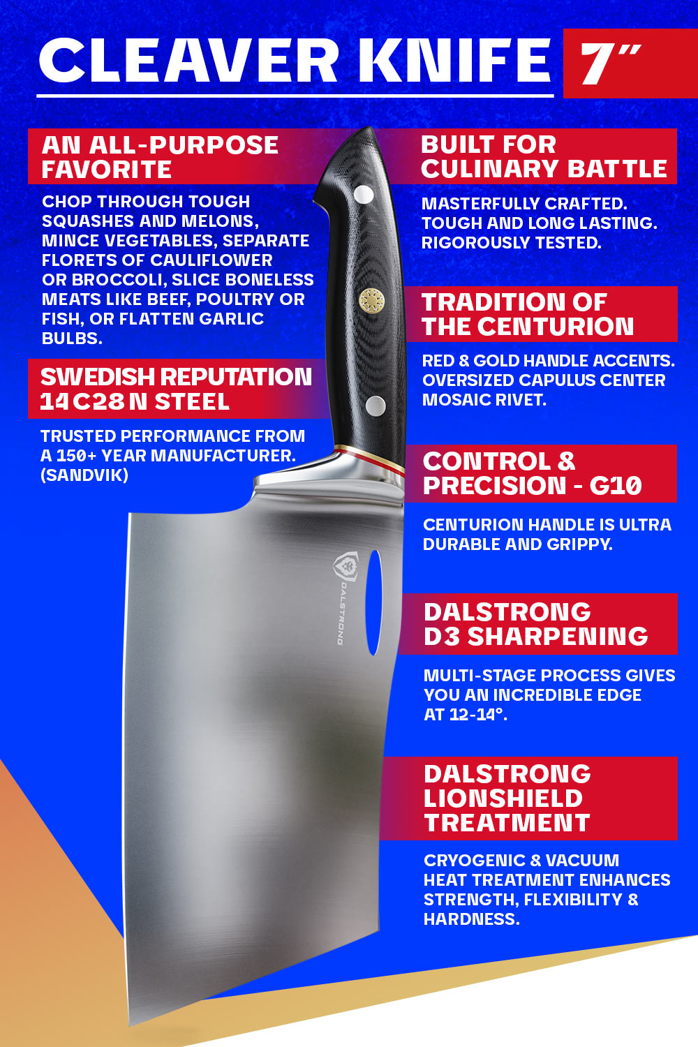 Dalstrong centurion series 7 inch cleaver knife with black handle specification.