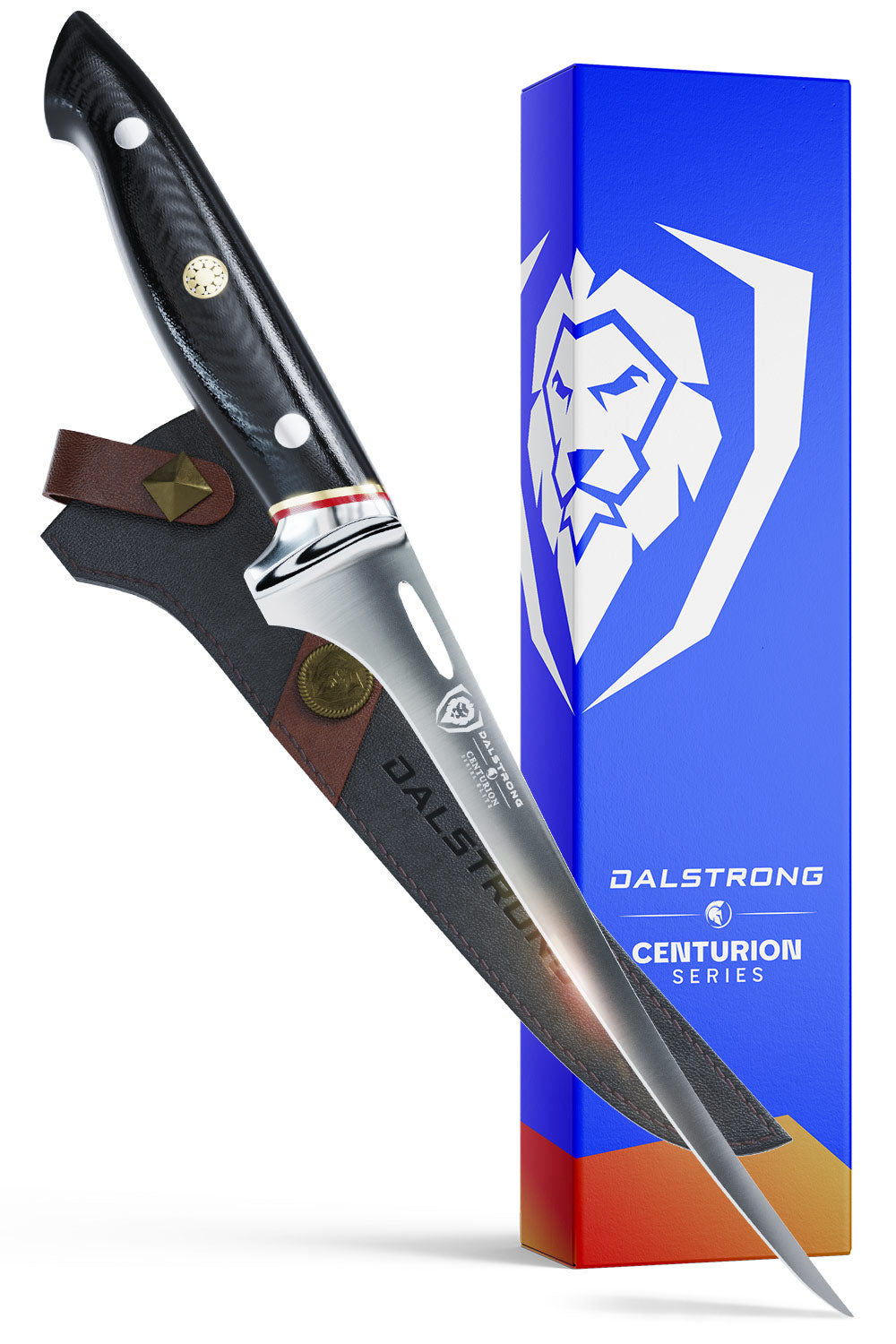 Dalstrong centurion series 7 inch fillet knife with black handle in front of it's premium packaging.