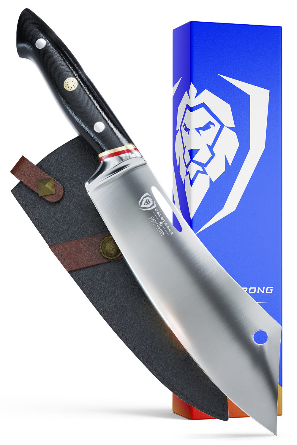 Dalstrong centurion series 8 inch crixus cleaver knife in front of it's premium packaging.