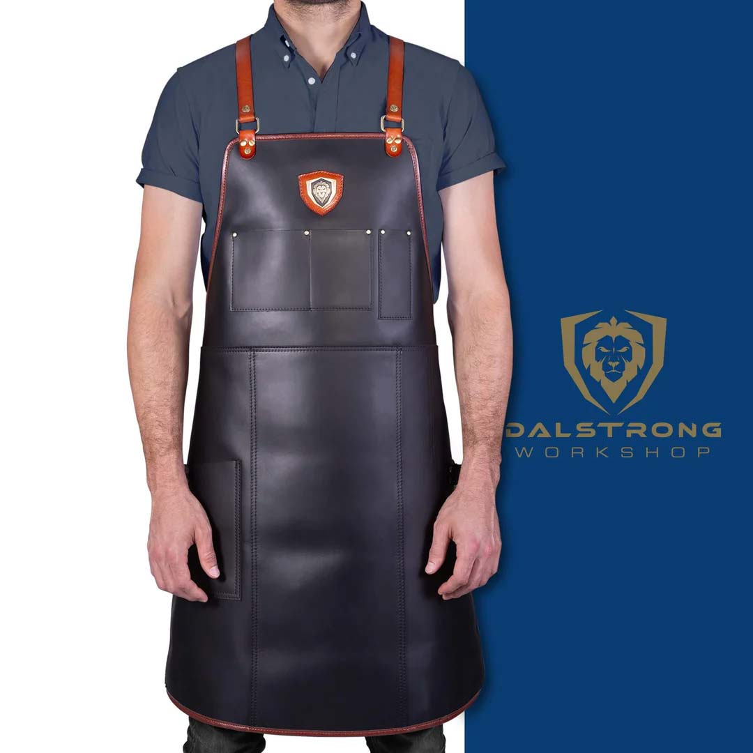 Dalstrong the culinary commander professional chef's kitchen apron in front of it's premium packaging.