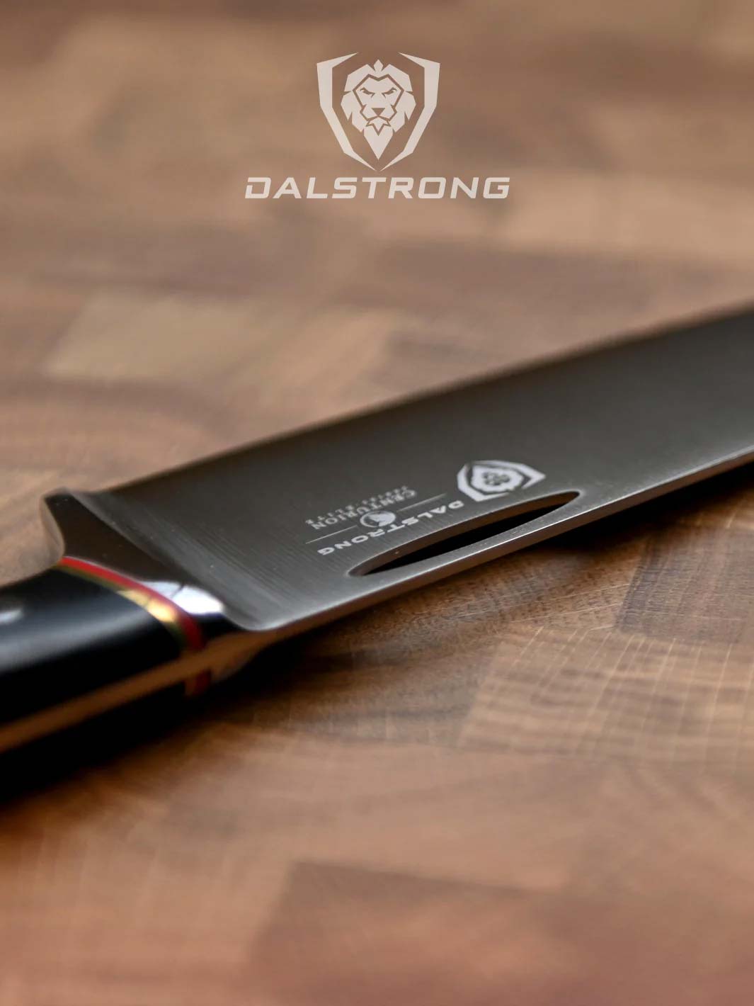 Dalstrong centurion series 8 inch chef knife showcasing it's blade.