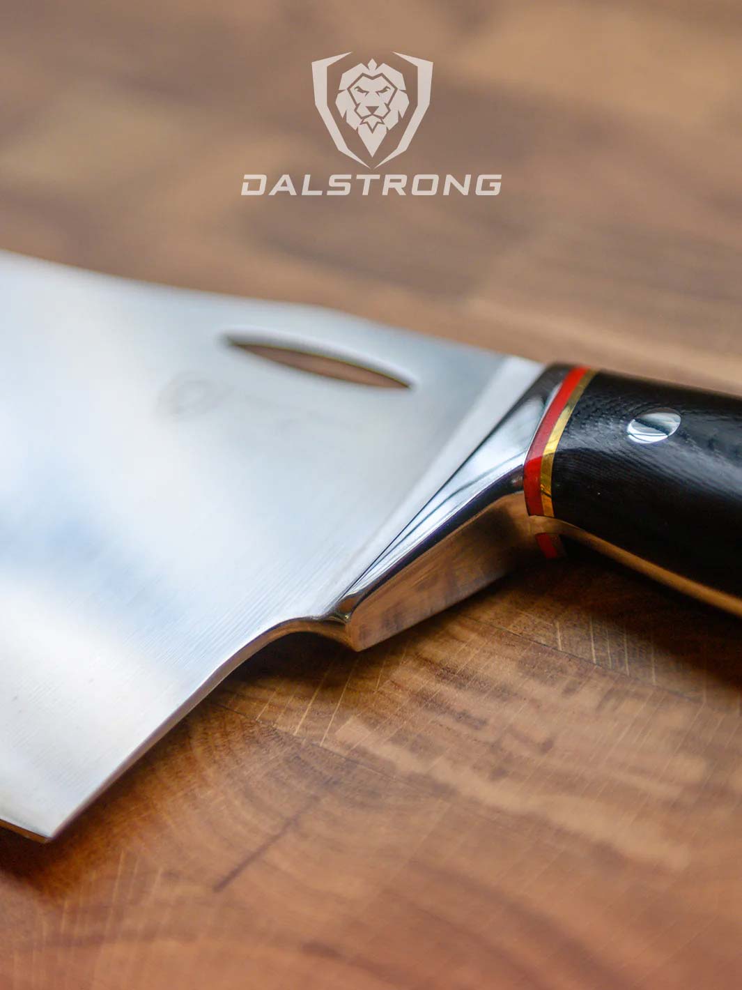 Dalstrong centurion series 7 inch cleaver knife showcasing it's black handle.