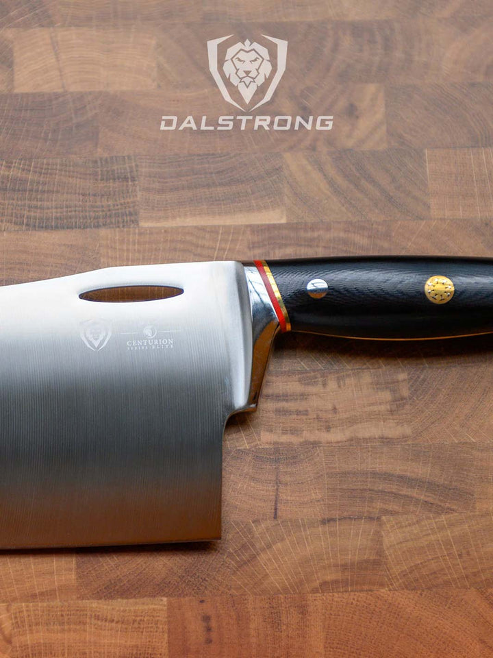Dalstrong centurion series 7 inch cleaver knife featuring it's ergonomic black handle.