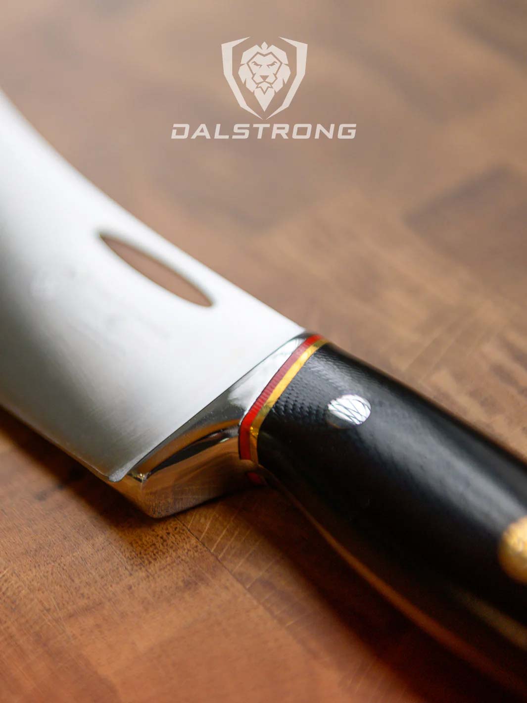 Dalstrong centurion series 8 inch crixus cleaver knife showcasing it's ergonomic black handle.