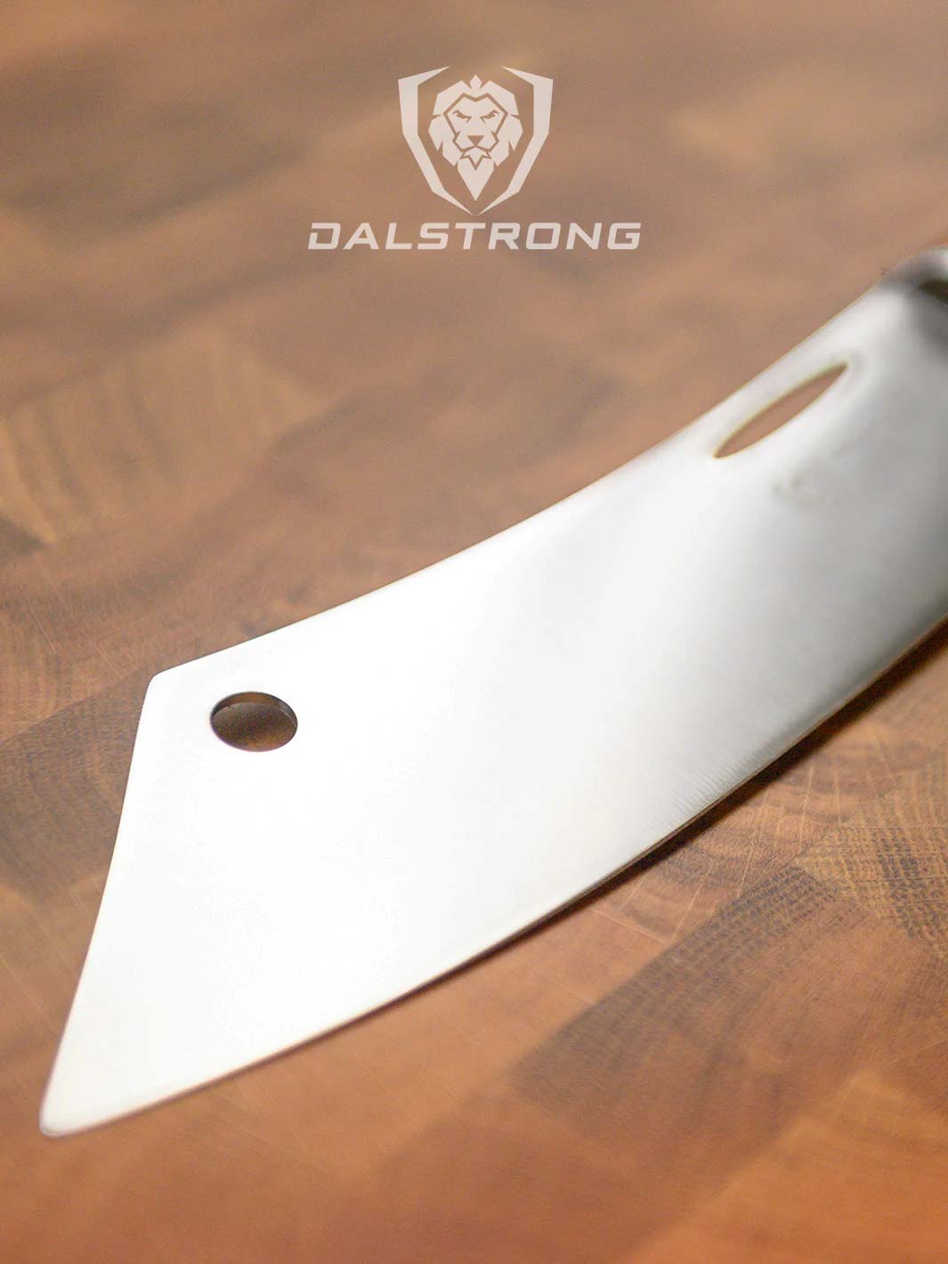 Dalstrong centurion series 8 inch crixus cleaver knife with black handle featuring it's blade.