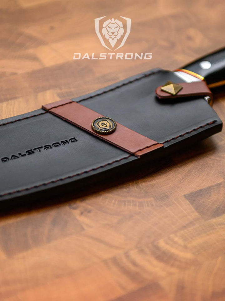 Dalstrong centurion series 8 inch crixus cleaver knife inside it's black sheath.