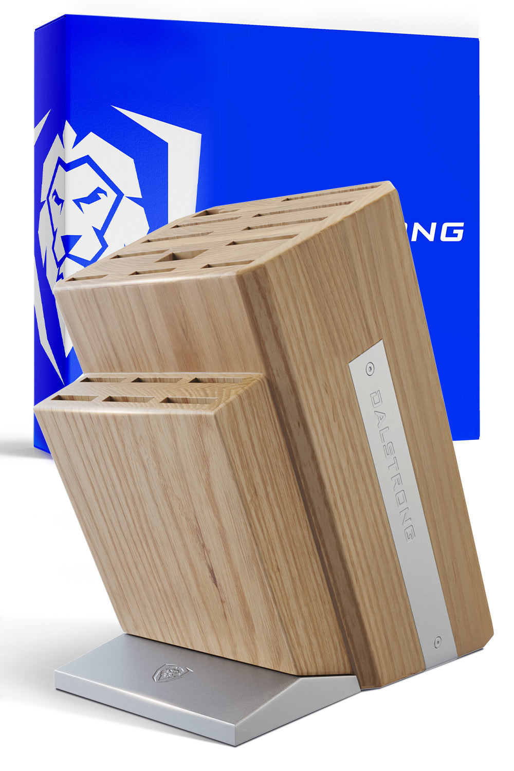 Dalstrong 18 slots universal knife block in front of it's premium packaging.