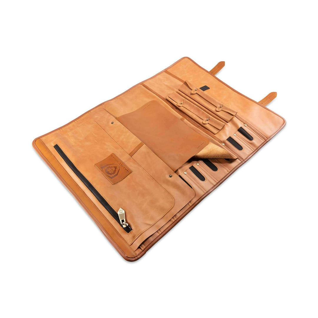 Dalstrong california brown full grain leather vagabond knife roll showcasing it's interior design.