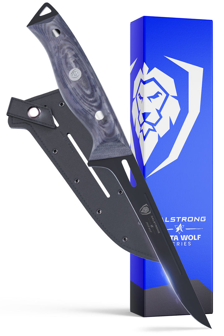 Dalstrong delta wolf series 6 inch boning knife in front of it's premium packaging.