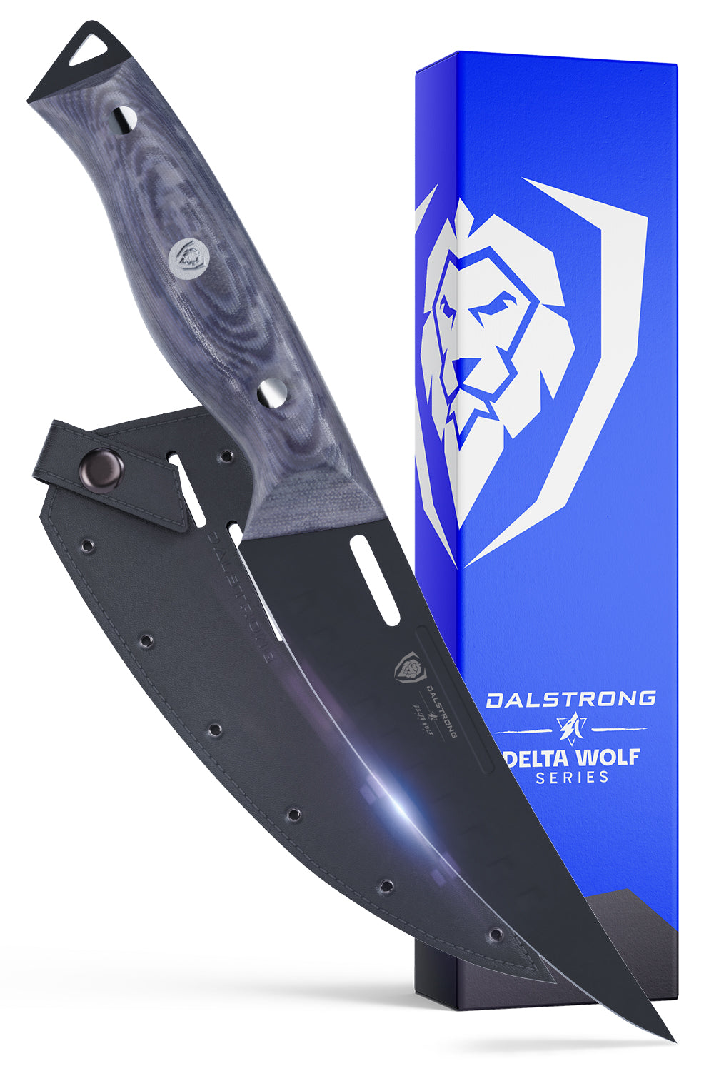 Dalstrong delta wolf series 6 inch curved fillet knife in front of it's premium packaging.