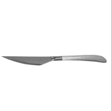 Dalstrong frost fire series steak knife set with white honeycomb handle in all angles.