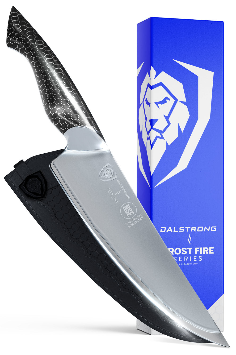 Dalstrong frost fire series 8 inch chef knife with dark ice handle in front of it's premium packaging.