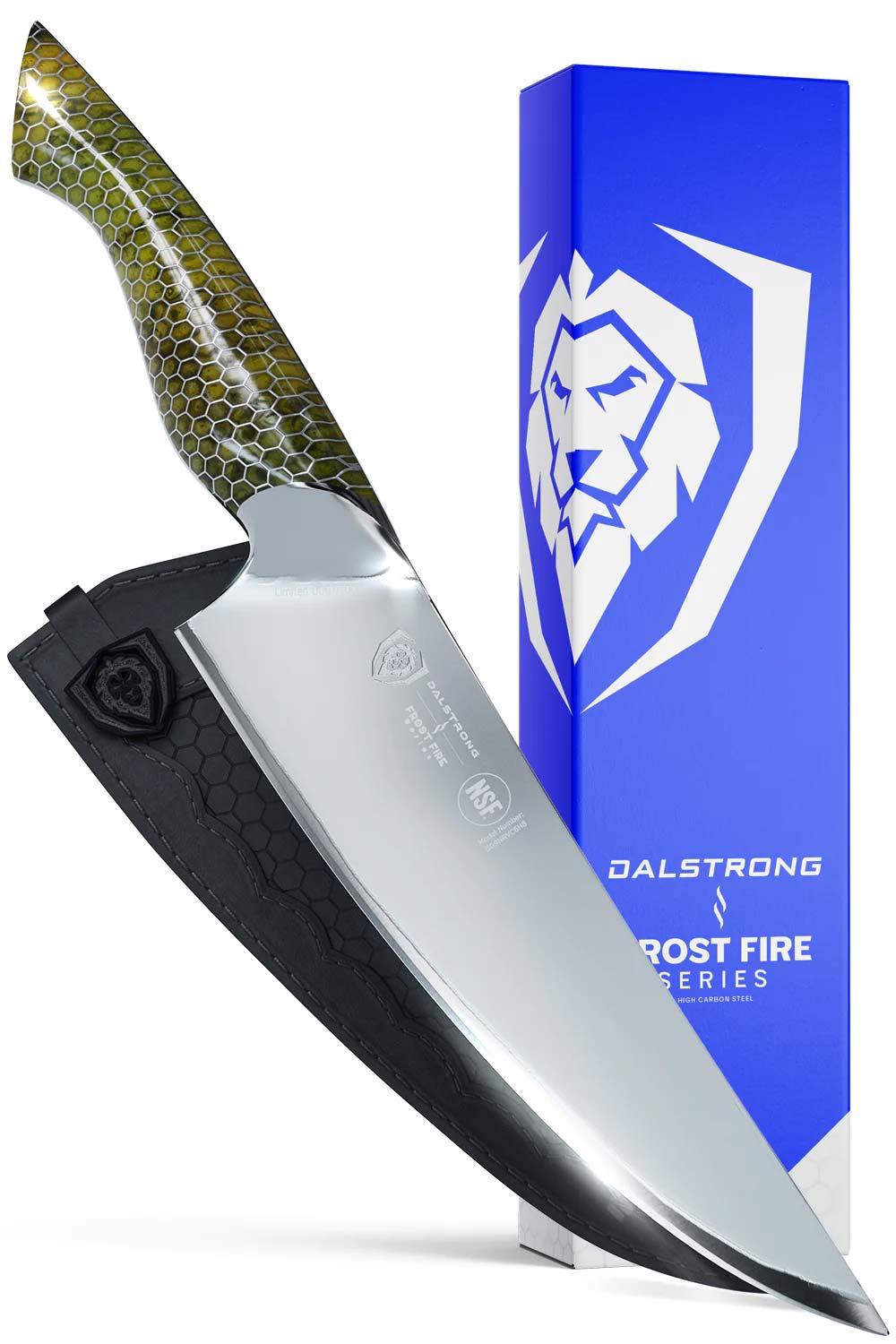 Dalstrong frost fire series 8 inch chef knife with dragon skin handle in front of it's premium packaging.