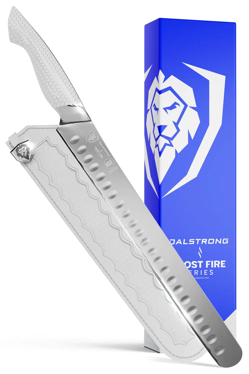 Dalstrong frost fire series 12 inch slicer knife with white honeycomb handle in front of it's premium packaging.