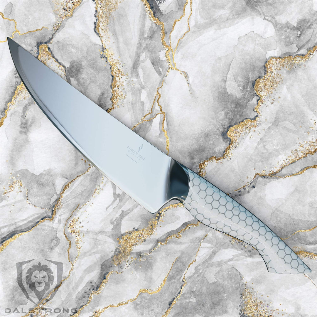 Dalstrong frost fire series 8 inch chef knife on a white surface.