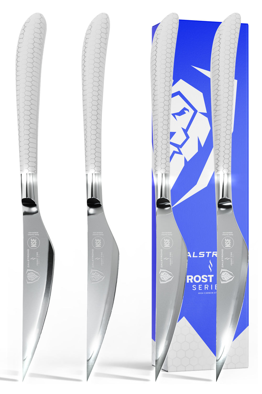 Dalstrong frost fire series steak knife set with white honeycomb handle in front ofi it's premium packaging.