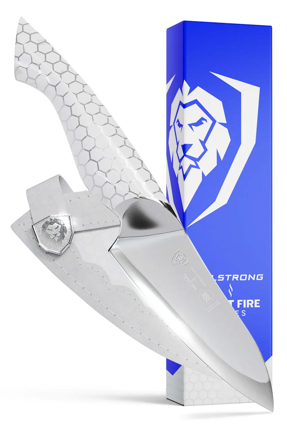 Dalstrong frost fire series 3.5 inch paring knife in front of it's premium packaging.